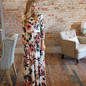 Ivory, 3/4 sleeve, floral, floor length dress